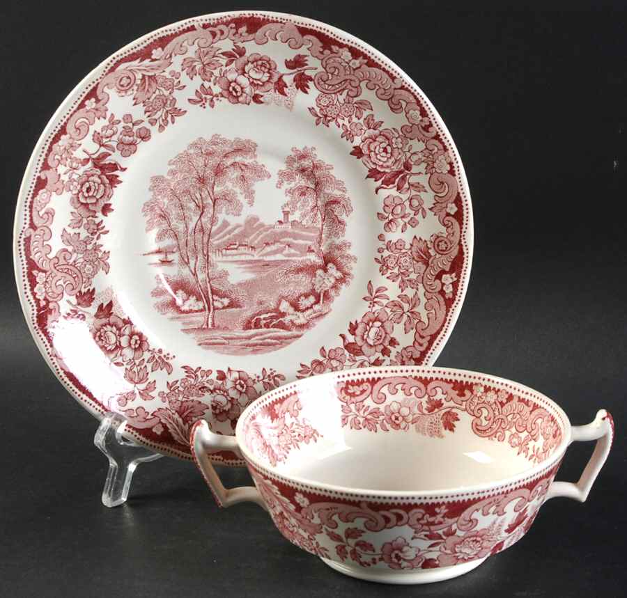 Rhine Pink Flat Cream Soup Bowl & Saucer Set by Spode-1