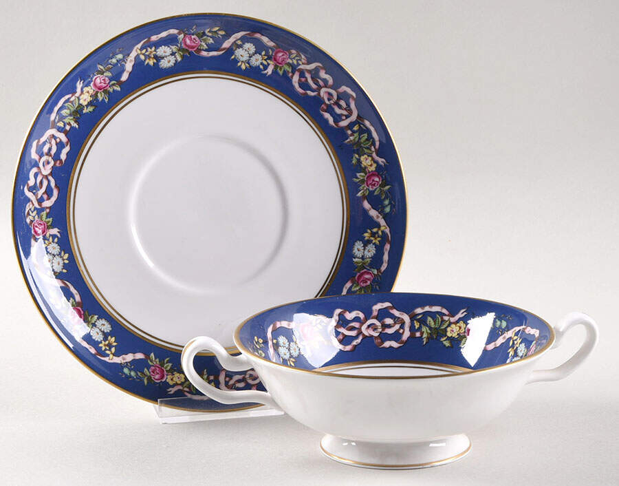 Ribbons & Roses Footed Cream Soup Bowl & Saucer Set by Spode-1