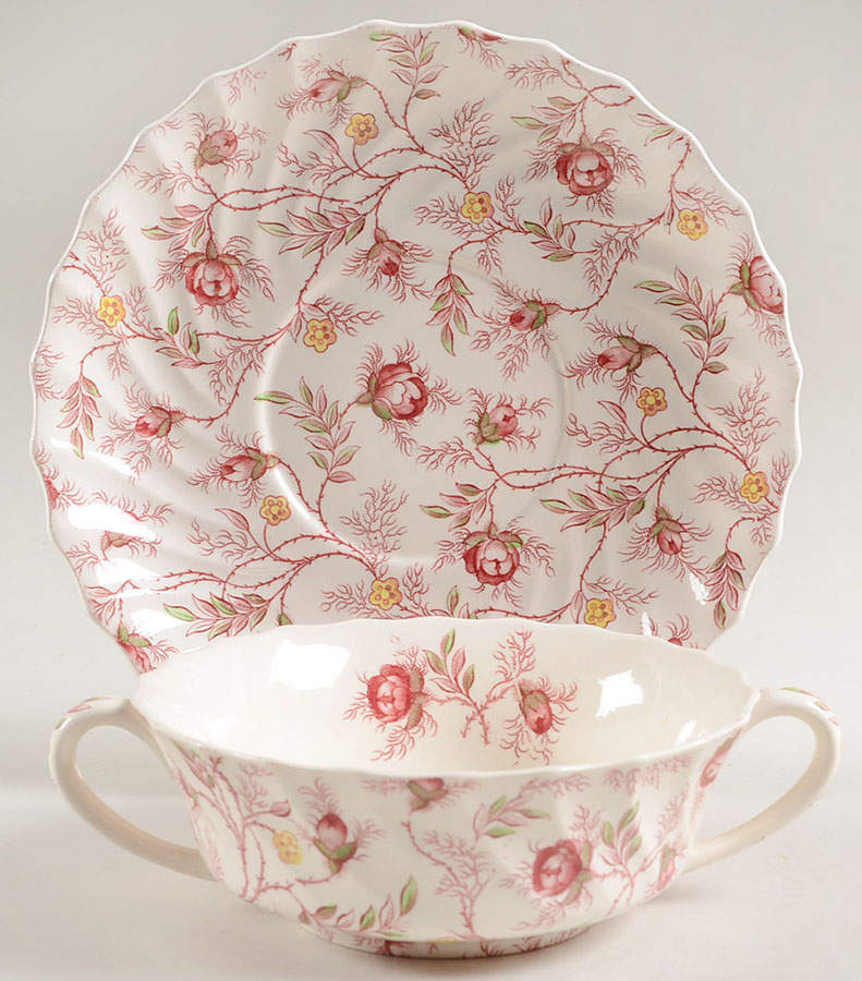 Rosebud Chintz (2-8401, Pink Vine) Flat Cream Soup Bowl & Saucer Set by Spode-1