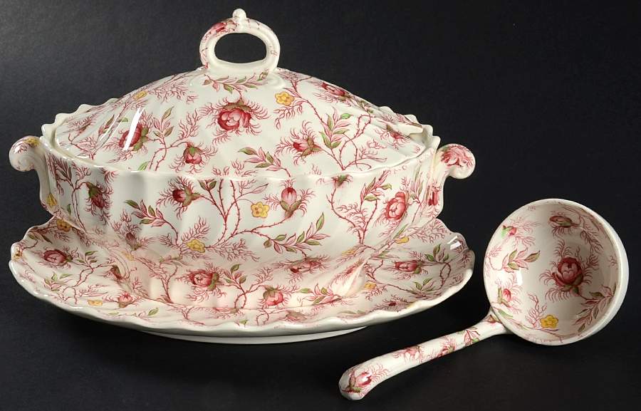 Rosebud Chintz (2-8401, Pink Vine) Gravy Boat & Underplate with /Lid & Ladle by Spode-1