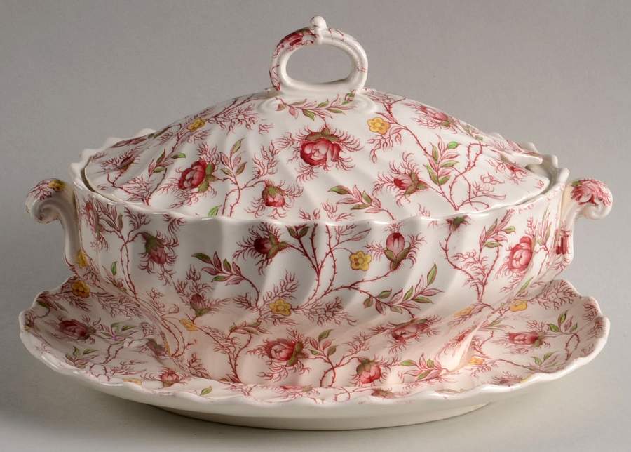 Rosebud Chintz (2-8401, Pink Vine) Gravy Boat & Lid w/Underplate by Spode-1