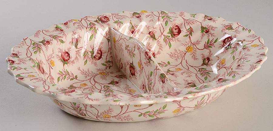 Rosebud Chintz (2-8401, Pink Vine) 10" Oval Divided Vegetable Bowl by Spode-1