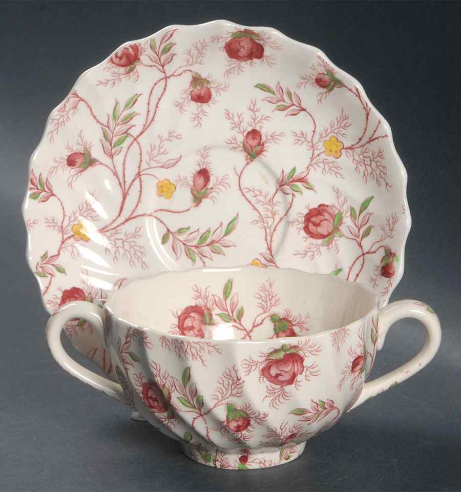 Rosebud Chintz (2-8401, Pink Vine) Footed Bouillon Cup & Saucer by Spode-1