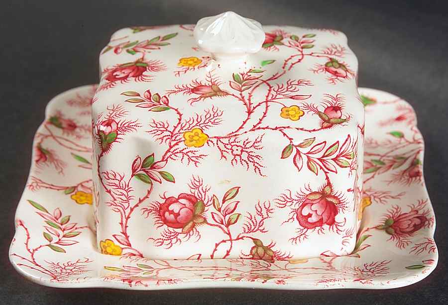 Rosebud Chintz (2-8401, Pink Vine) Square Covered Butter by Spode-1