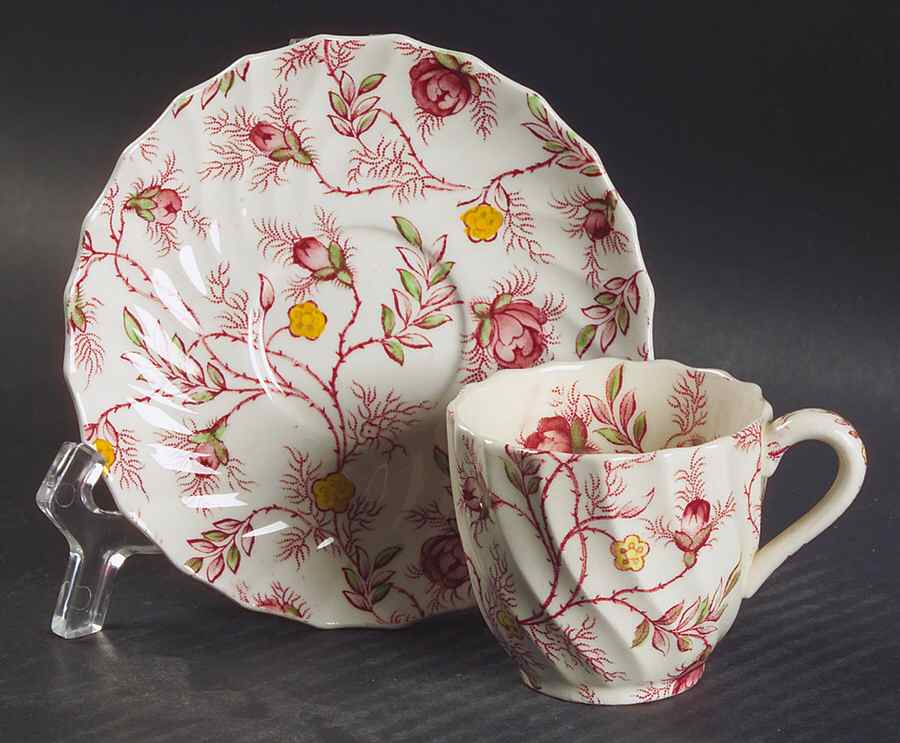 Rosebud Chintz (2-8401, Pink Vine) Flat Demitasse Cup & Saucer Set by Spode-1