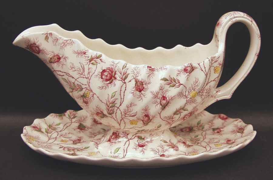 Rosebud Chintz (2-8401, Pink Vine) Gravy Boat with Attached Underplate by Spode-1
