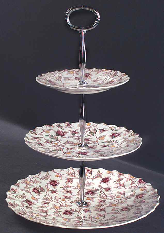 Rosebud Chintz (2-8401, Pink Vine) 13 7/8"-14 1/4" 3-Tiered Serving Tray(DP,SP,BB) HC by Spode-1