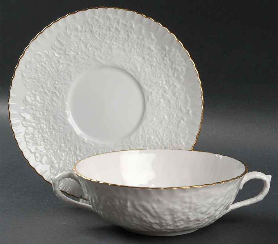 Savoy White (Gold Trim) Flat Cream Soup Bowl & Saucer Set by Spode-1