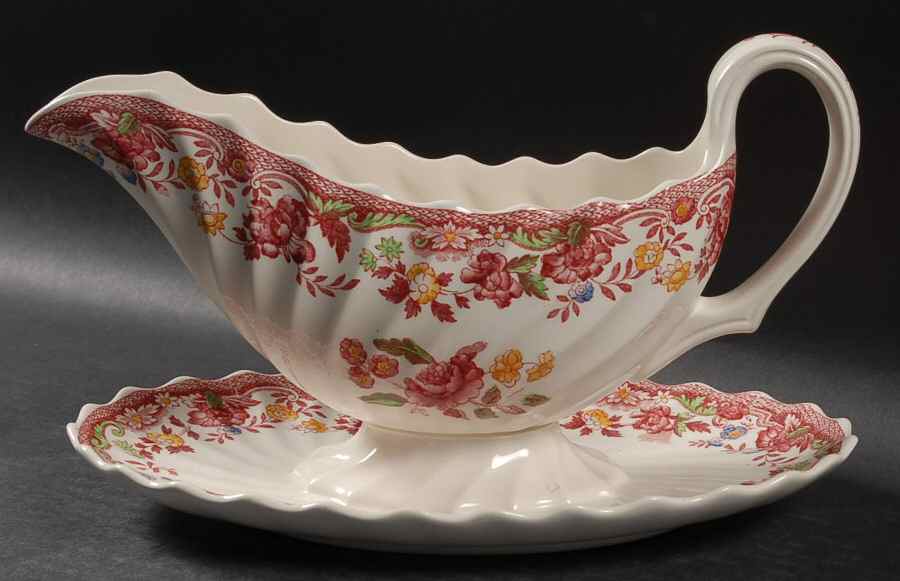 Spode's Bouquet Gravy Boat with Attached Underplate by Spode-1