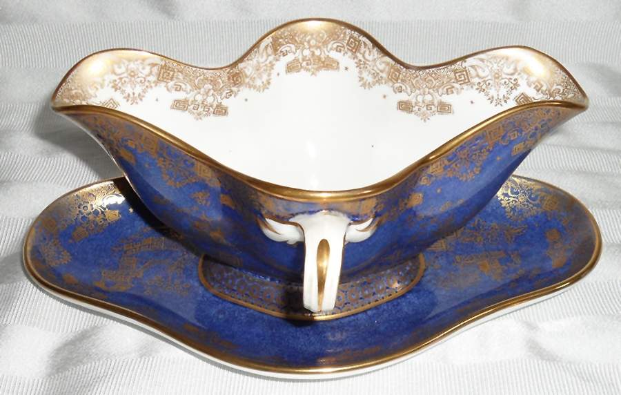 Spode's Garden Blue and Gold Gravy Boat with Attached Underplate by Spode-1
