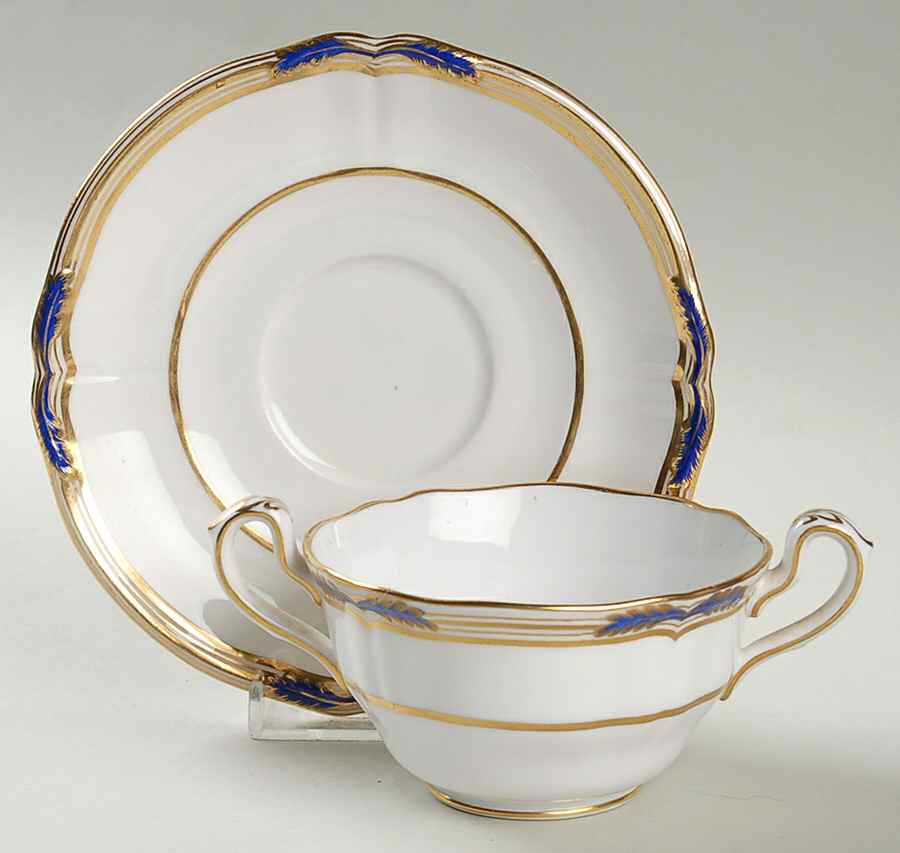 Stafford Blue Leaf Footed Bouillon Cup & Saucer by Spode-1