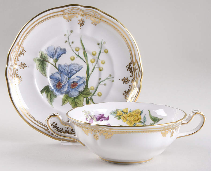 Stafford Flowers Flat Cream Soup Bowl & Saucer Set by Spode-1