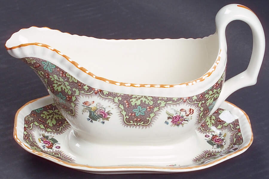 Thanksgiving (Orange Trim) Gravy Boat with Attached Underplate by Spode-1