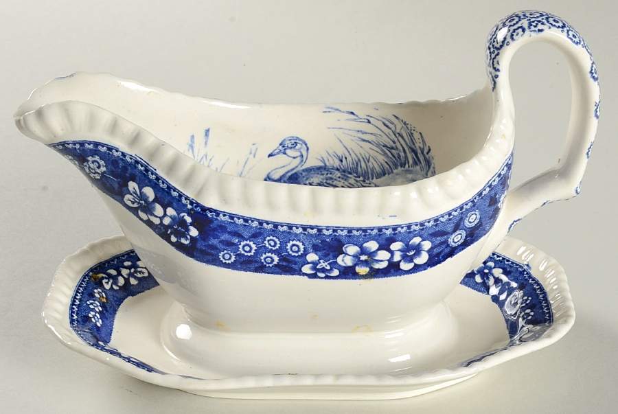 Tower Blue (Game Bird In Center) Gravy Boat with Attached Underplate by Spode-1