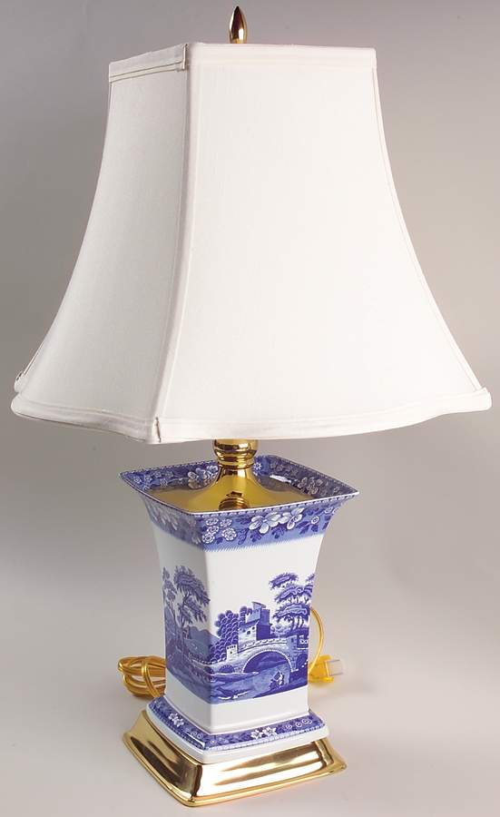 Tower Blue (Newer Backstamp) Electric Square Vase Lamp & Shade by Spode-1