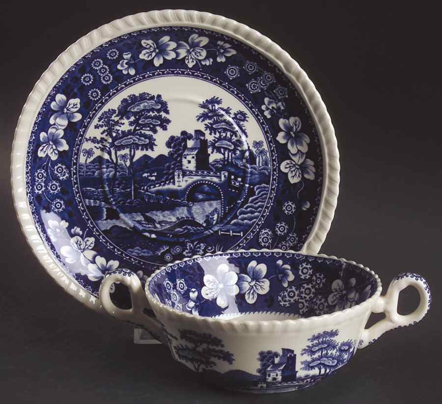 Tower Blue (Newer Backstamp) Flat Cream Soup Bowl & Saucer Set by Spode-1