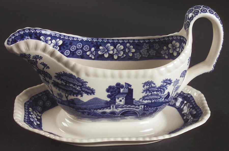 Tower Blue (Newer Backstamp) Gravy Boat with Attached Underplate by Spode-1