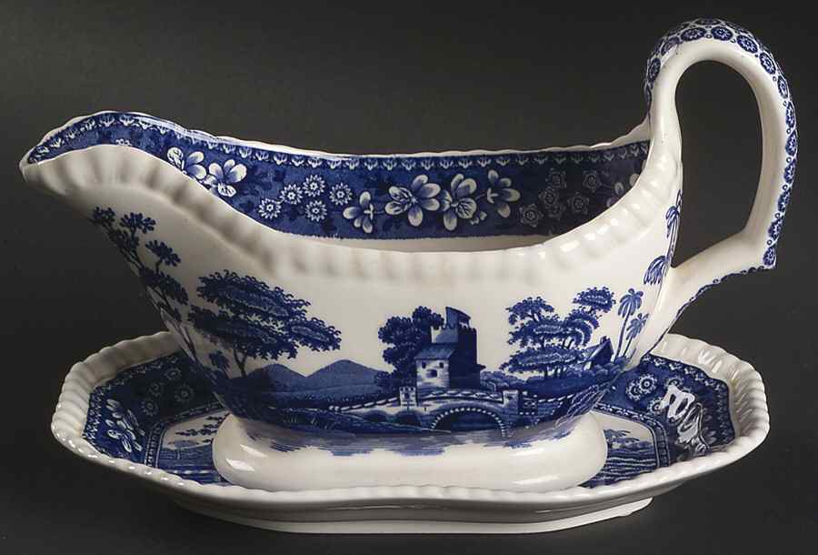 Tower Blue (Newer Backstamp) Gravy Boat & Underplate/Relish by Spode-1