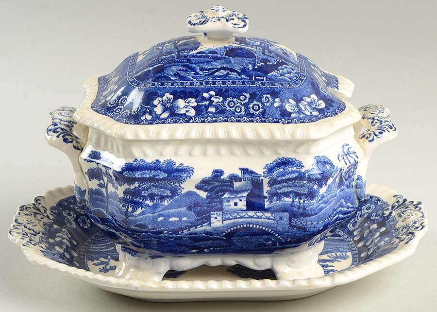 Tower Blue (No #, Older, Gadroon) Sauce Boat & Lid with Underplate by Spode-1