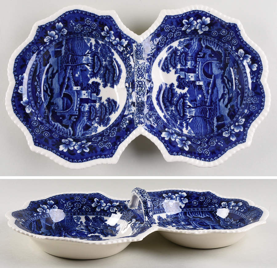 Tower Blue (No #, Older, Gadroon) Handled Divided Server by Spode-1