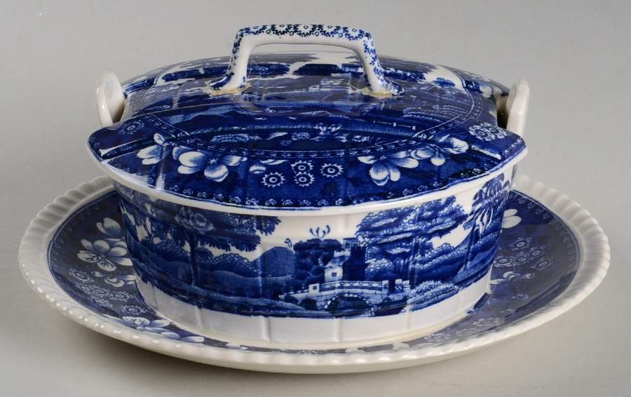 Tower Blue (No #, Older, Gadroon) Round Covered Butter with Attached Underplate by Spode-1