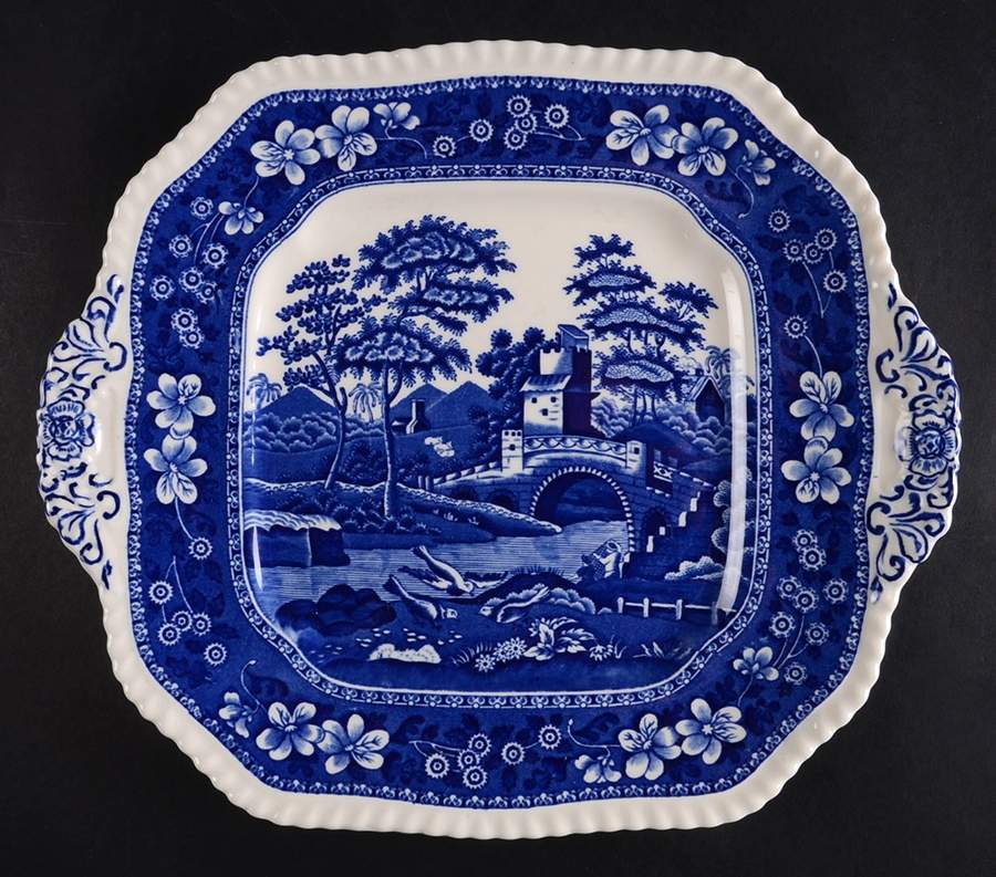 Tower Blue (No #, Older, Gadroon) Square Handled Cake Plate by Spode-1