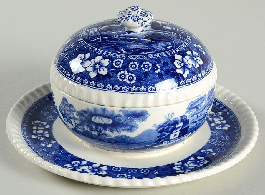 Tower Blue (No #, Older, Gadroon) Mayonnaise with Attached Underplate & Lid by Spode-1