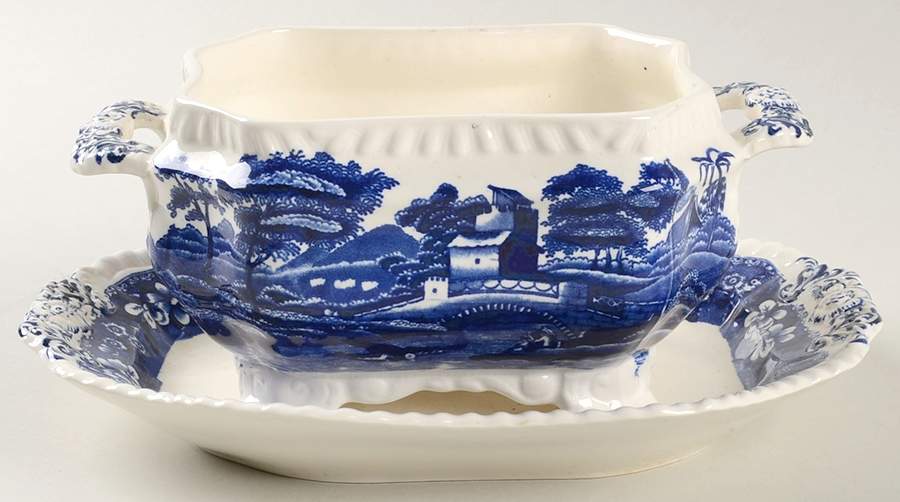 Tower Blue (No #, Older, Gadroon) Sauce Boat with Attached Underplate No Lid by Spode-1