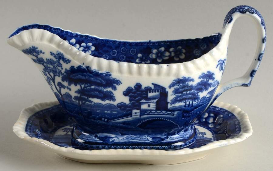 Tower Blue (No #, Older, Gadroon) Gravy Boat & Underplate by Spode-1
