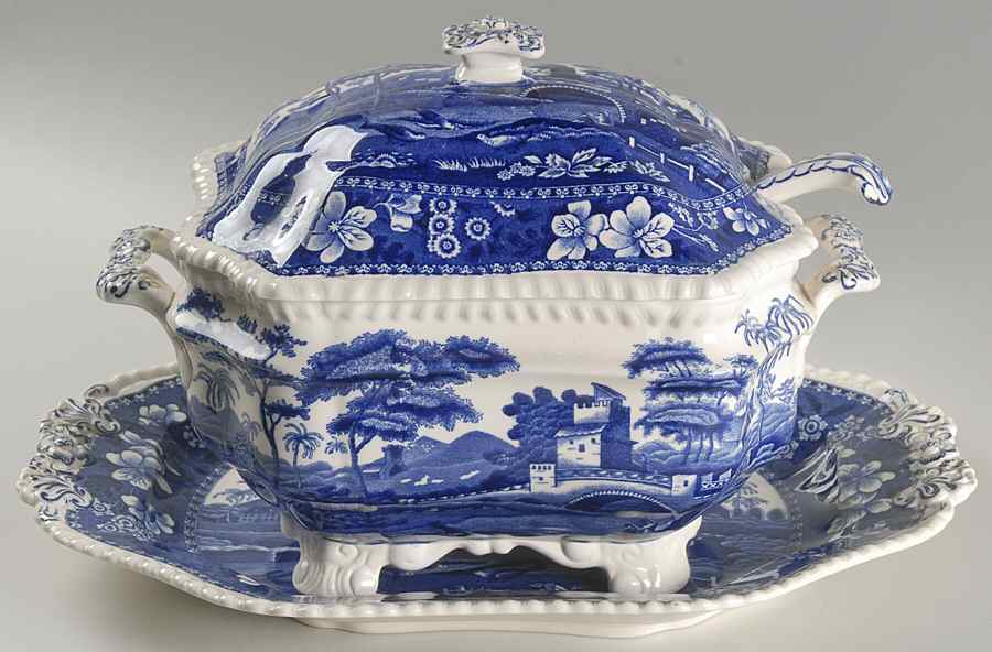 Tower Blue (No #, Older, Gadroon) Tureen & Lid W/Ladle & Underplate by Spode-1