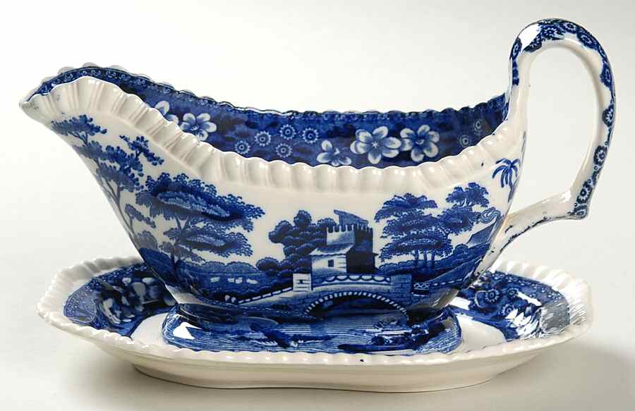 Tower Blue (No #, Older, Gadroon) Gravy Boat with Attached Underplate by Spode-1