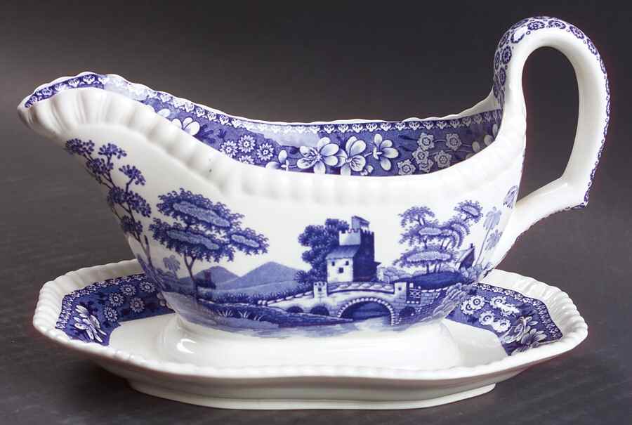 Tower Blue (No #, Older, Gadroon) Gravy Boat with Attached Underplate by Spode-1