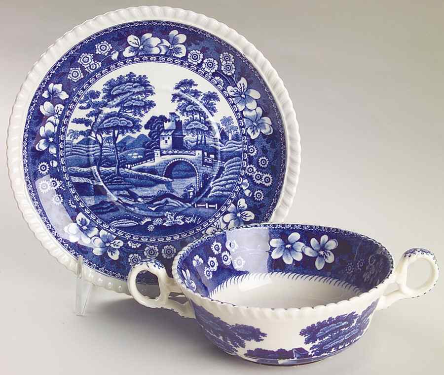 Tower Blue (No #, Older, Gadroon) Flat Cream Soup Bowl & Saucer Set by Spode-1