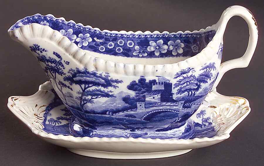 Tower Blue (No #, Older, Gadroon) Gravy Boat & Underplate/Relish by Spode-1