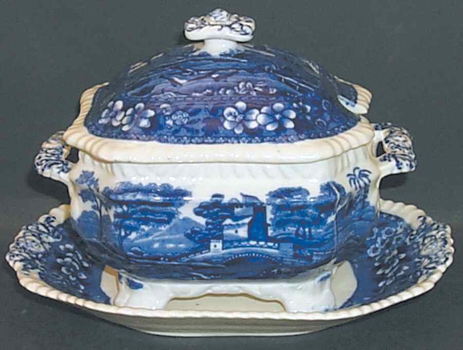 Tower Blue (No #, Older, Gadroon) Sauce Boat & Lid & Underplate & Ladle by Spode-1