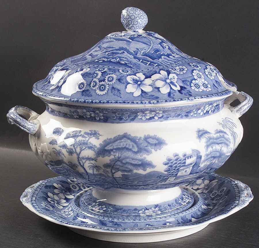 Tower Blue (No #, Older, Gadroon) Tureen & Lid W/Underplate by Spode-1