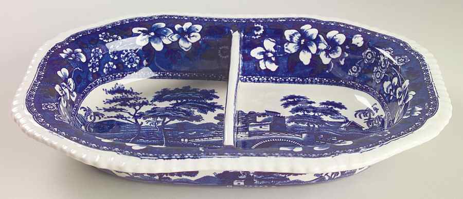 Tower Blue (No #, Older, Gadroon) 10" Oval Divided Vegetable Bowl by Spode-1