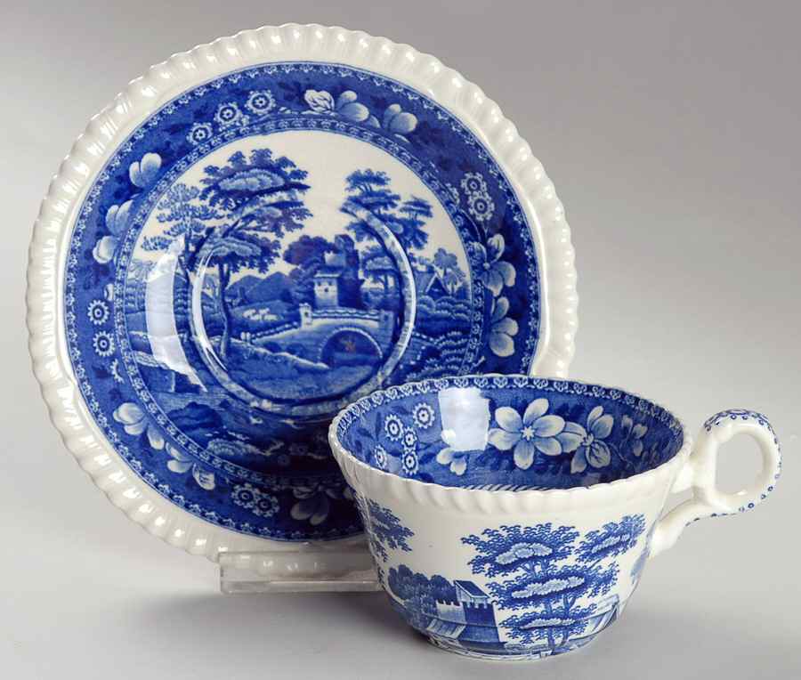 Tower Blue (No #, Older, Gadroon) Flat Cup & Saucer Set by Spode-1