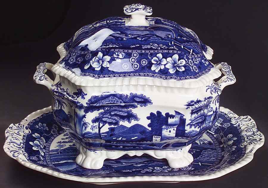 Tower Blue (No #, Older, Gadroon) Tureen & Lid w/Underplate by Spode-1