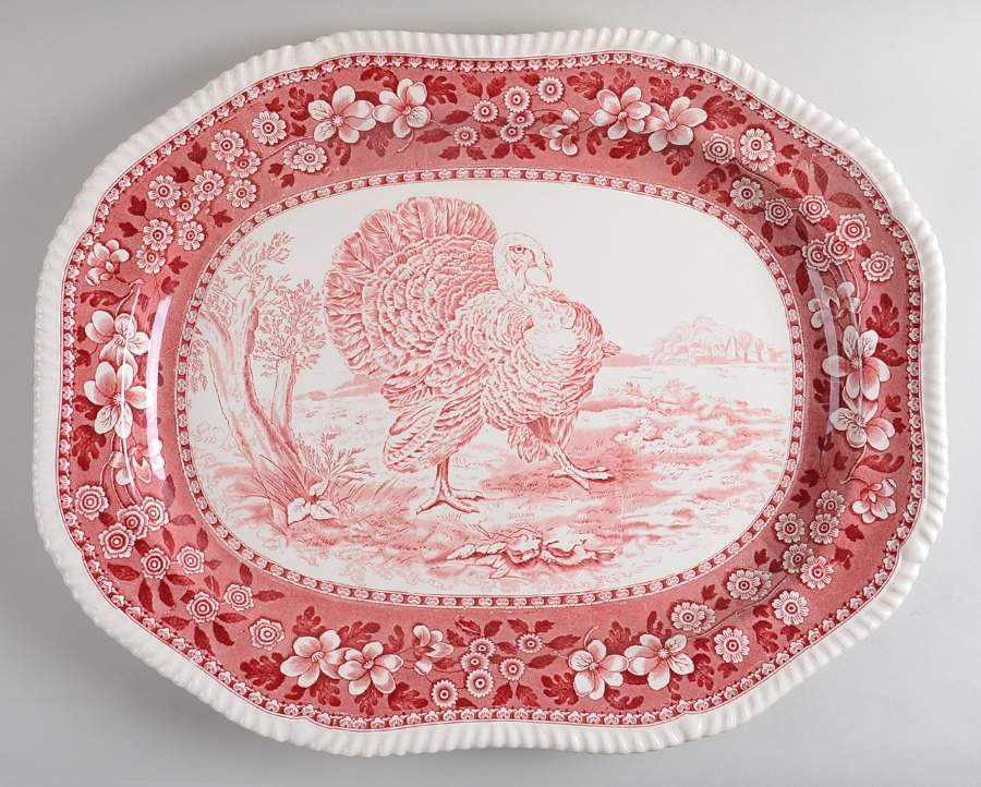 Tower Pink (Game Bird Center) 23" Oval Serving Platter by Spode-1