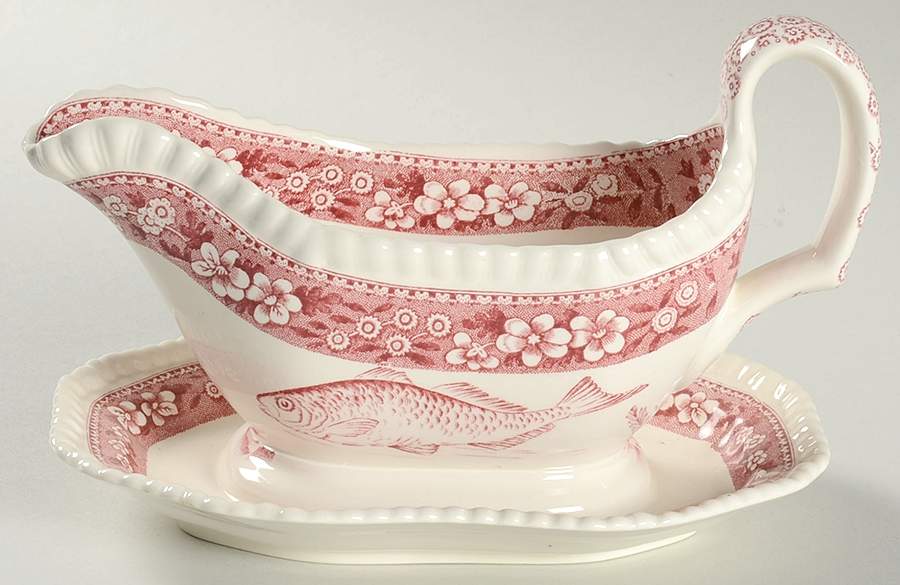 Tower Pink (Fish Center) Gravy Boat with Attached Underplate by Spode-1