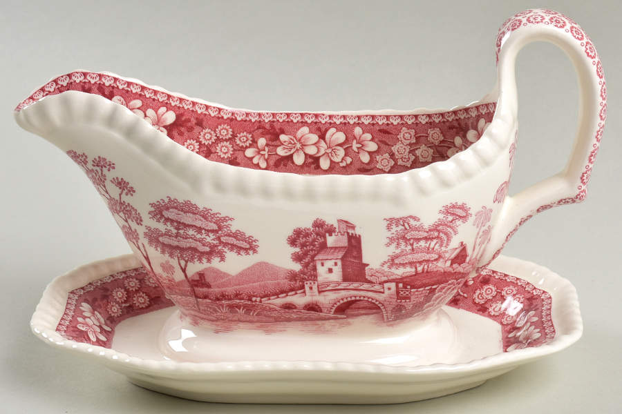 Tower Pink (Newer Backstamp) Gravy Boat with Attached Underplate by Spode-1