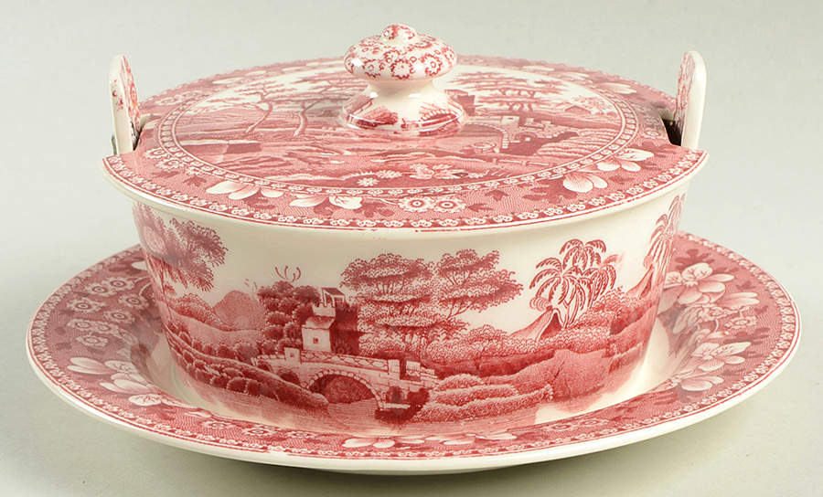 Tower Pink (Older Backstamp) Butter Tub w/Attached Underplate & Lid by Spode-1