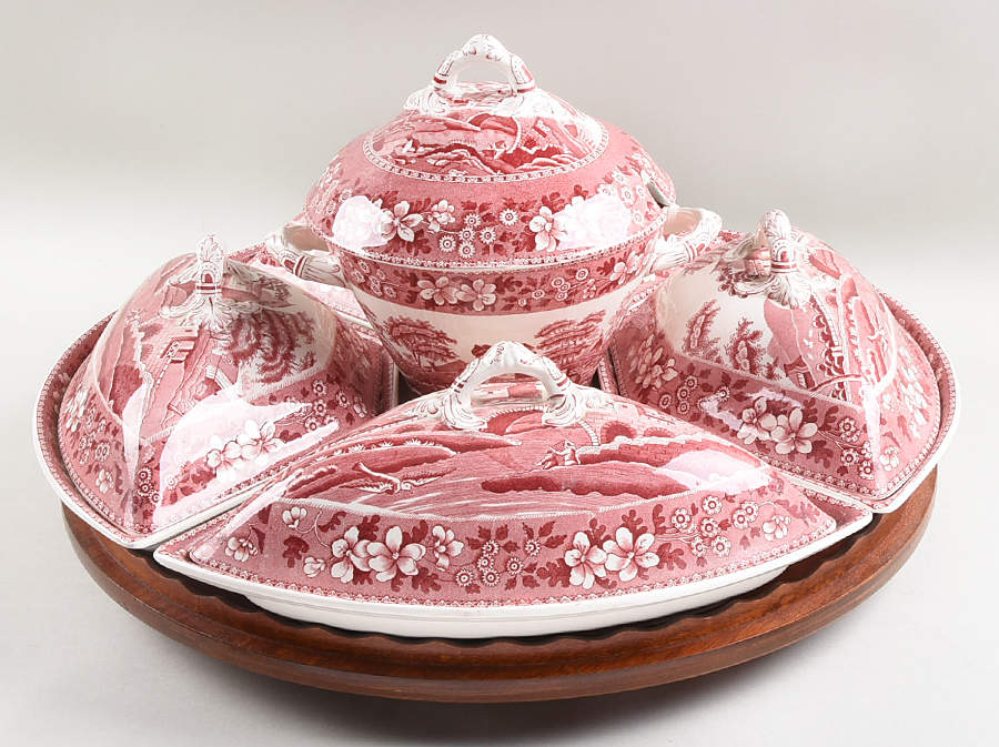 Tower Pink (Older Backstamp) 11 Pc Canterbury Set (Cvrd Sides, Center & Tray) by Spode-1