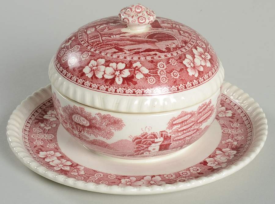 Tower Pink (Older Backstamp) Mayonaisse & Lid w/Attached Underplate by Spode-1