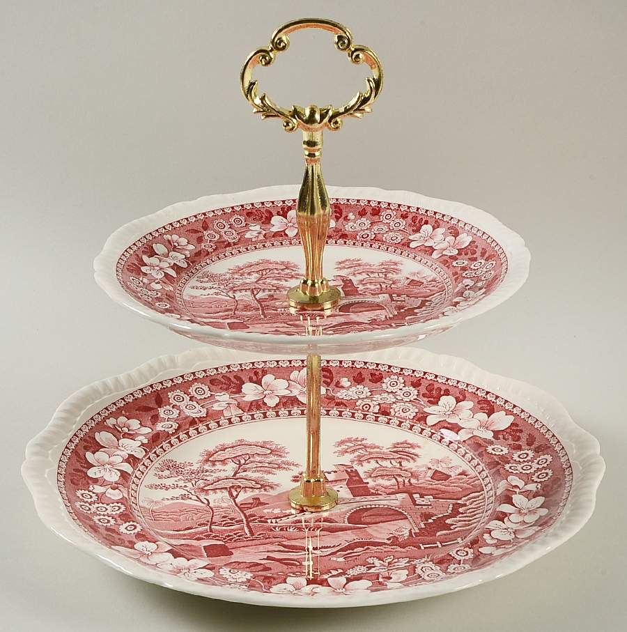Tower Pink (Older Backstamp) 2 Tiered Serving Tray (Dinner & Salad Plate) by Spode-1