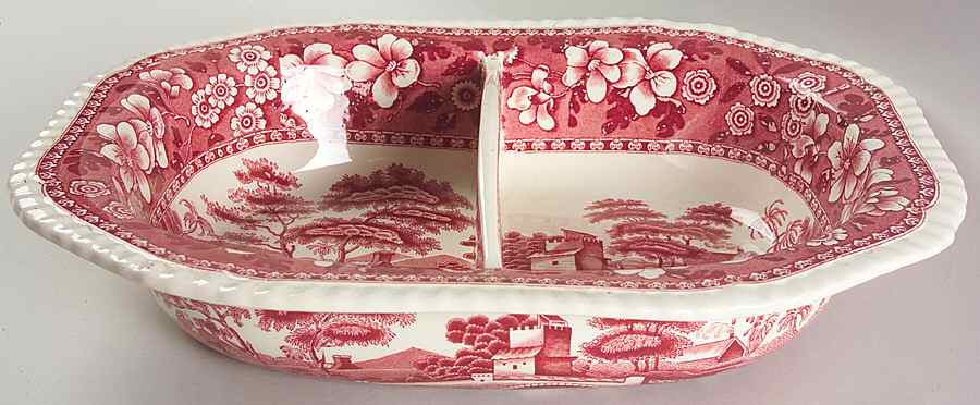 Tower Pink (Older Backstamp) 12" Oval Divided Vegetable Bowl by Spode-1