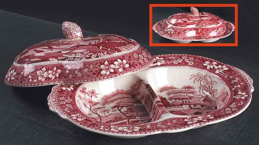Tower Pink (Older Backstamp) Oval Covered Divided Vegetable by Spode-1