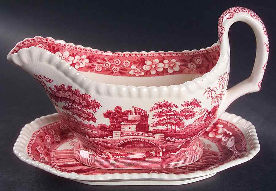 Tower Pink (Older Backstamp) Gravy Boat & Underplate/Relish by Spode-1