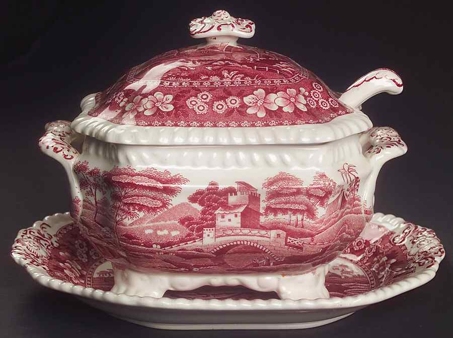 Tower Pink (Older Backstamp) Sauce Boat & Lid & Underplate & Ladle by Spode-1